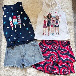 Girls size 7/8 4pc. 4th of July/Independence Day denim shorts, skirts & tanks